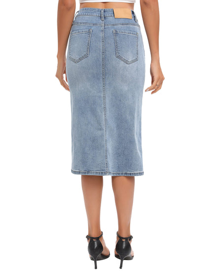 ETTELO Midi Denim Skirt High Waisted Slit Casual Stretch Deep Blue Size XX-Large