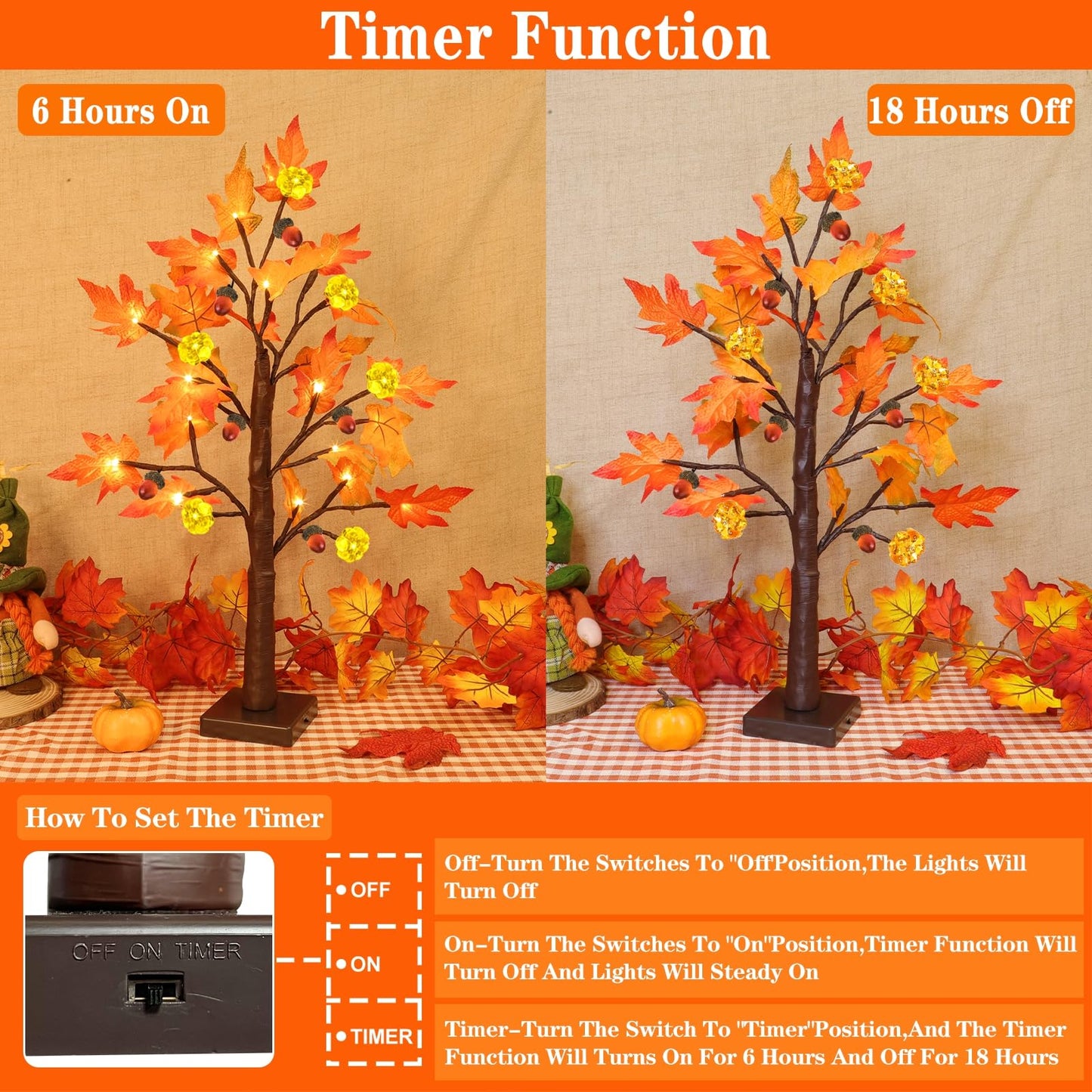 TURNMEON 2Pack 24in Prelit Fall Maple Tree Lights48 LED Timer Battery Orange Red