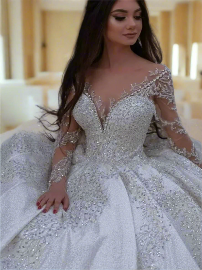 Elegant Beaded Wedding Dress Off-The-Shoulder A-line Floor-length