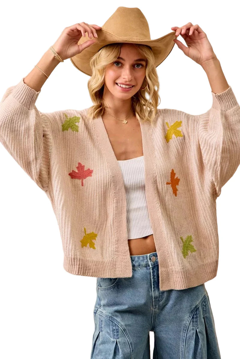 BiBi Two Tone Knit Cardigan with Leaf Patches
