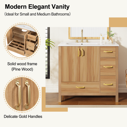 36" Acacia Wood Bathroom Vanity with Sink – Solid Wood Frame, 2 Soft-Close Doors, 4 Soft-Close Drawers & Ceramic Basin
