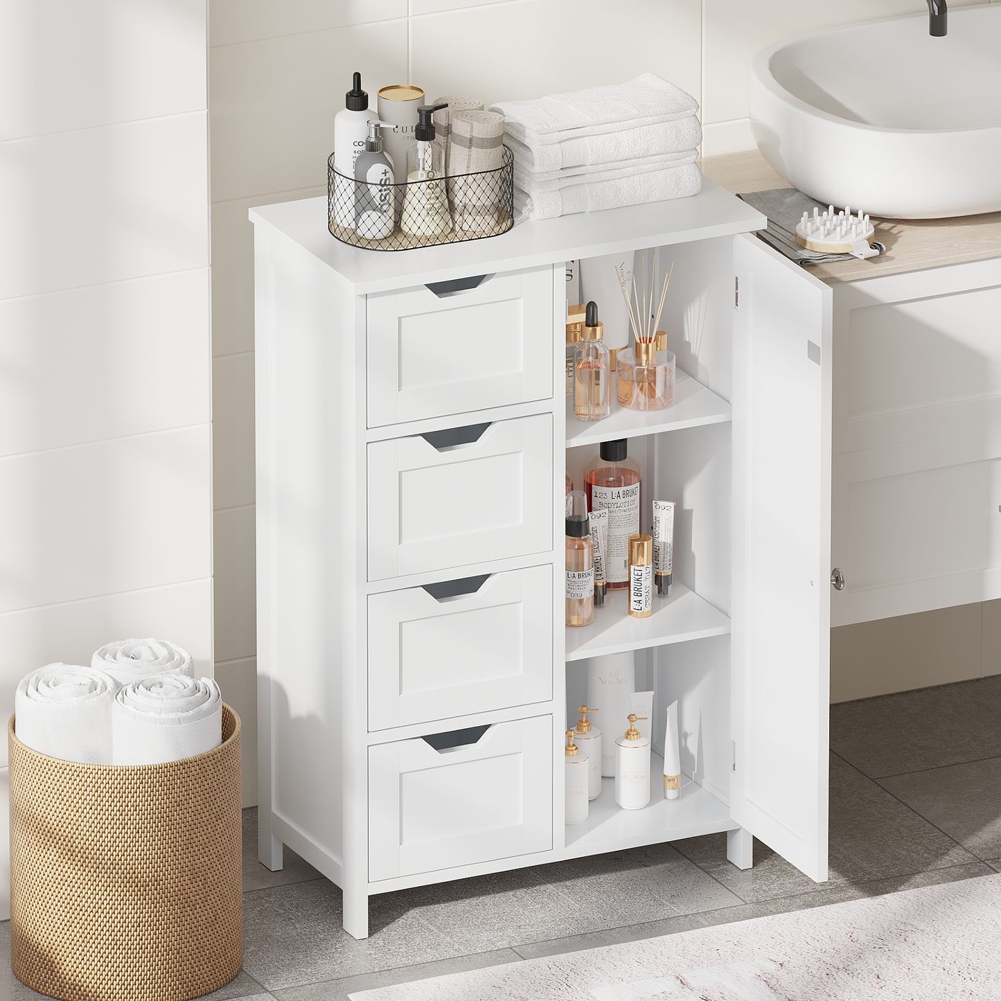 Bathroom Storage Cabinet with 4 Drawers and 1 Door, Freestanding Wooden Floor Organizer for Bathroom, Narrow Storage Cabinet for Small Spaces, Entryway, Living Room or Hallway, White