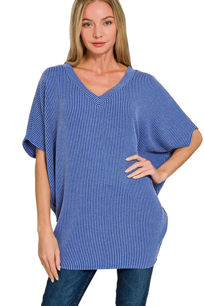 Zenana Raised Rib V-Neck Batwing Top
