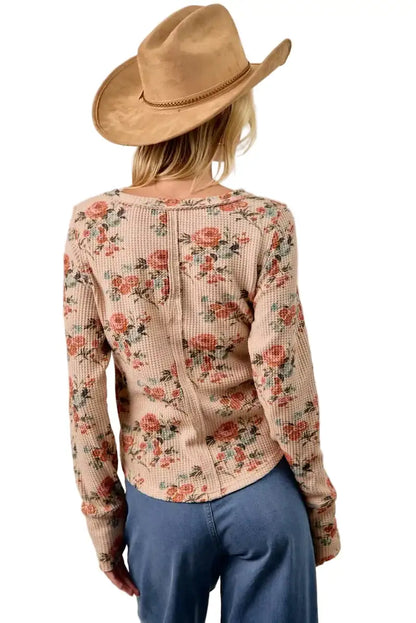 BiBi Floral Print Washed Waffle Thermal Top with Thumb