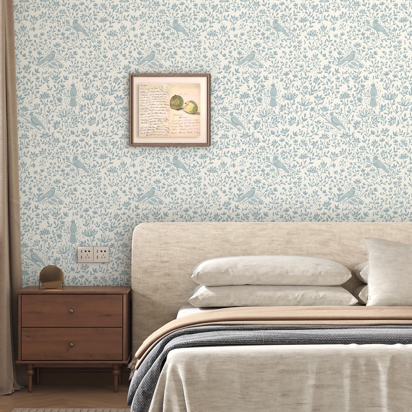 HELLKIT Peel Stick Wallpaper Blue Beige Bird 17.3x78.8in Vinyl Roll
