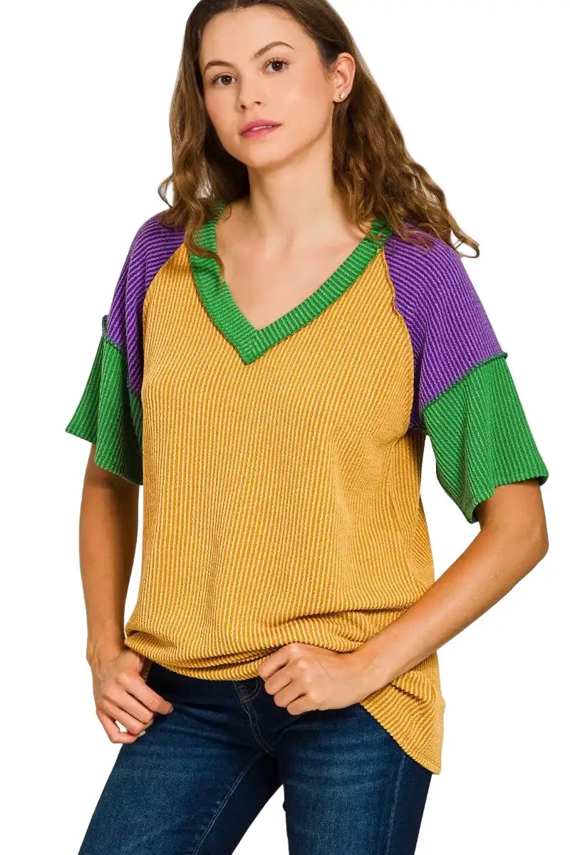 Zenana Mardi Gras Raised Rib Color Block Top