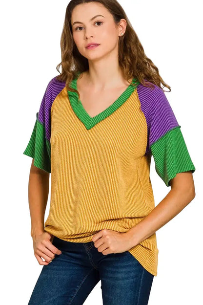 Zenana Mardi Gras Raised Rib Color Block Top
