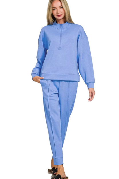 Zenana Scuba Half Zip Pullover and Jogger Set