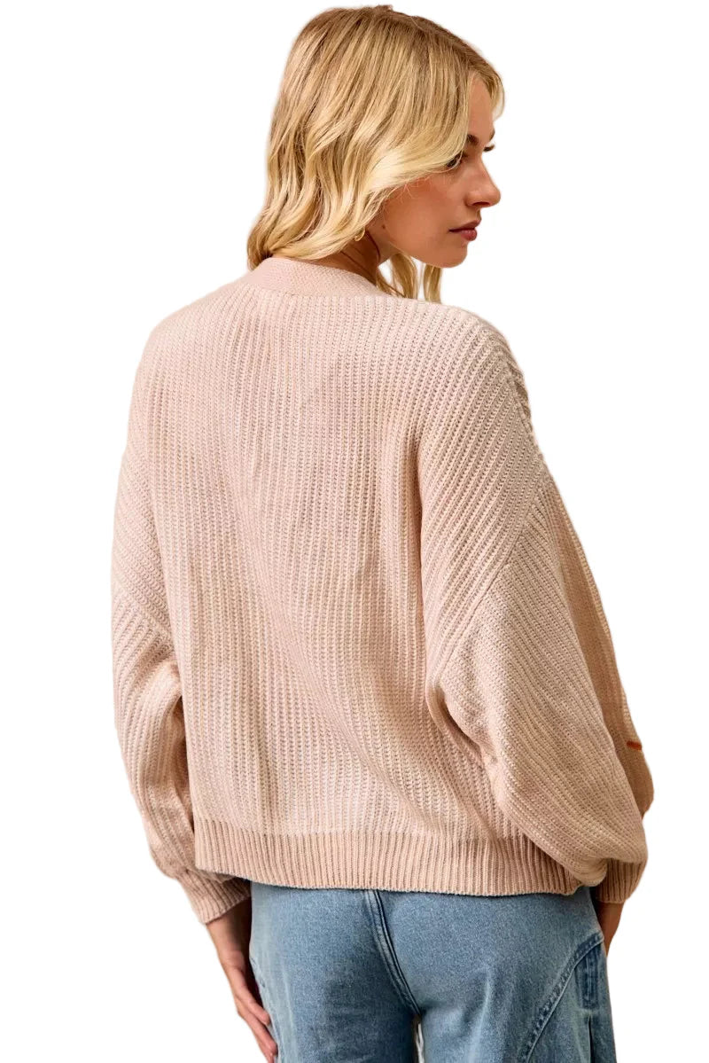 BiBi Two Tone Knit Cardigan with Leaf Patches