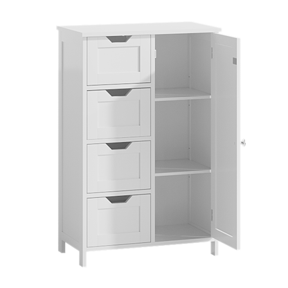 Bathroom Storage Cabinet with 4 Drawers and 1 Door, Freestanding Wooden Floor Organizer for Bathroom, Narrow Storage Cabinet for Small Spaces, Entryway, Living Room or Hallway, White