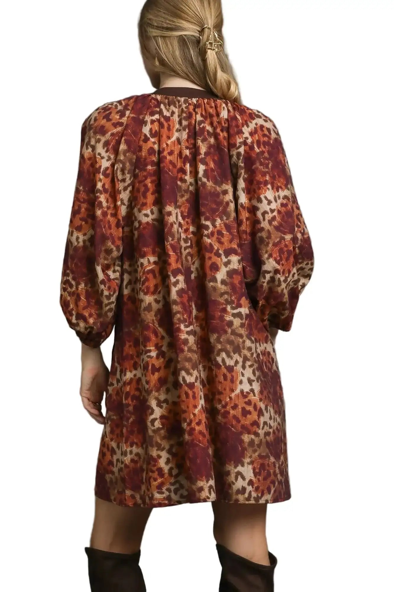 Umgee Animal Print Boho Tunic Dress with Contrast Trim Detail