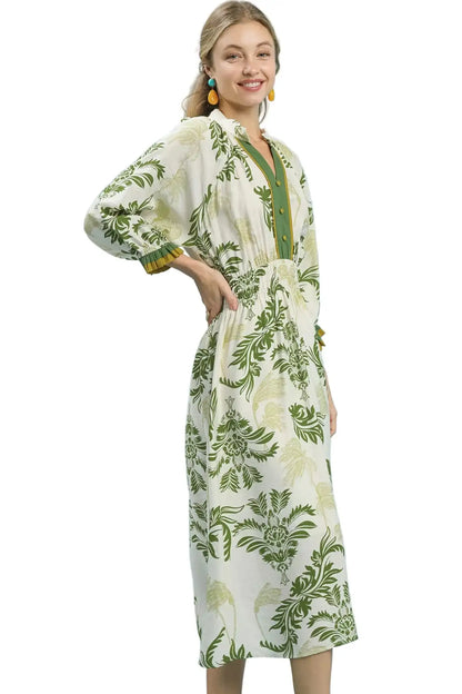 Umgee Tropical Print Button Detail Midi Dress