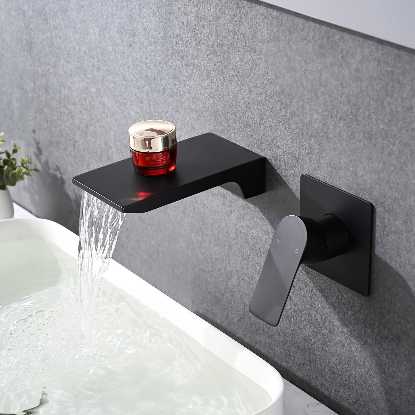 Modern Matte Black Wall Mount Bathroom Sink Faucet with Waterfall Spout and Brass Rough-in Valve