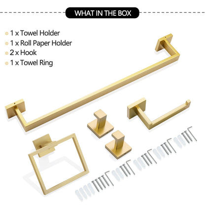 5-Piece Bathroom Hardware Accessories Set | Towel Bar, Wall Mounted, Brushed Gold