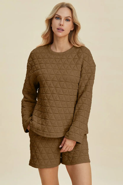 Double Take Full Size Texture Round Neck Long Sleeve Top and Shorts Set
