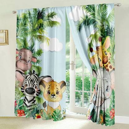 2Pcs Tropical Jungle Animal Cartoon Curtains Living Room Bedroom Window Decor or Kids Room