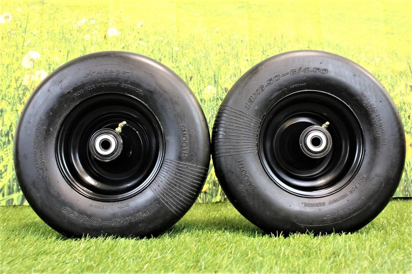 13x6.50-6 Semi-Pneumatic Flat Free Smooth with 6x4.5 Black Wheel (Set of Four)