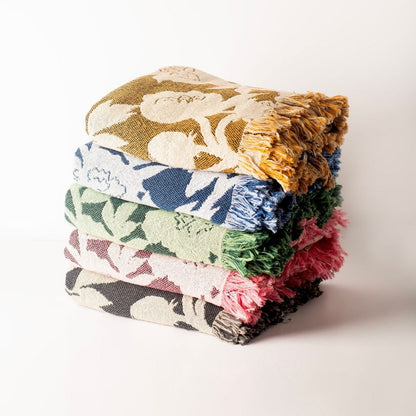 Neutral Botanical Throw Blanket, Reversible Cotton Jacquard Throw