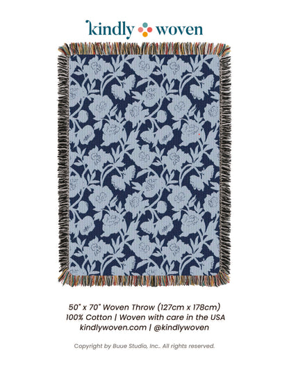 Blue Floral Jacquard Throw Blanket, Reversible Cotton Throw, Made in USA