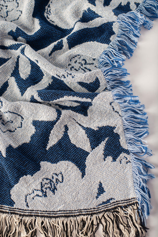 Blue Floral Jacquard Throw Blanket, Reversible Cotton Throw, Made in USA