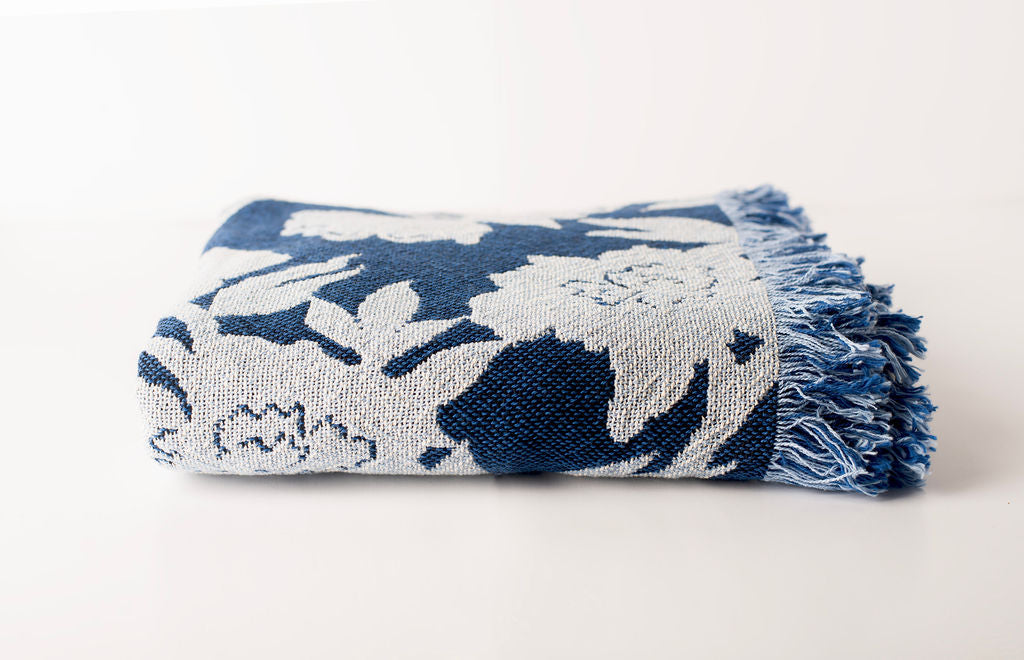 Blue Floral Jacquard Throw Blanket, Reversible Cotton Throw, Made in USA