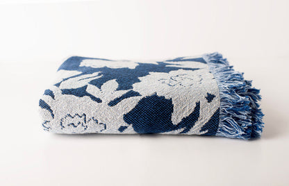 Blue Floral Jacquard Throw Blanket, Reversible Cotton Throw, Made in USA