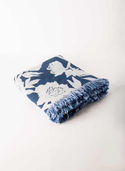 Blue Floral Jacquard Throw Blanket, Reversible Cotton Throw, Made in USA