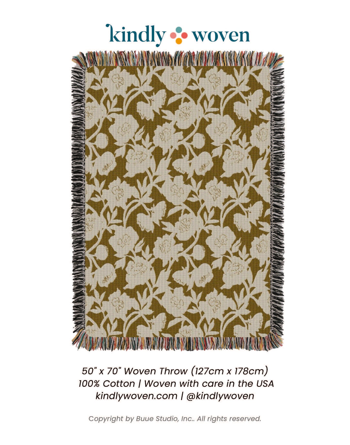 Ochre Floral Woven Throw Blanket with Fringe, 100% Cotton