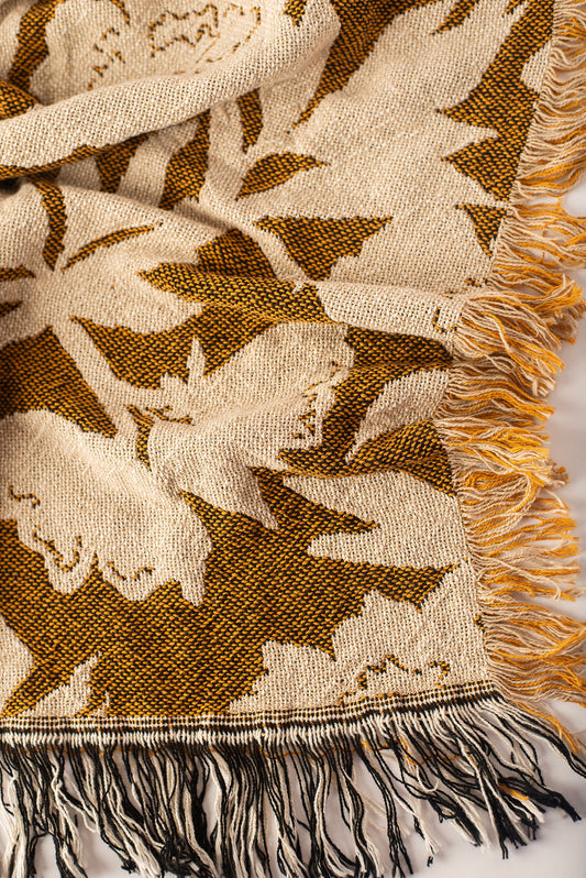 Ochre Floral Woven Throw Blanket with Fringe, 100% Cotton