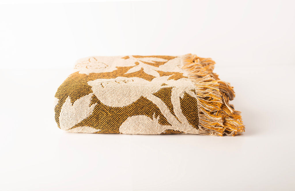 Ochre Floral Woven Throw Blanket with Fringe, 100% Cotton