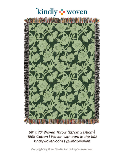 Botanical Green Throw Blanket, Reversible Cotton Jacquard Throw