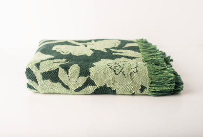 Botanical Green Throw Blanket, Reversible Cotton Jacquard Throw