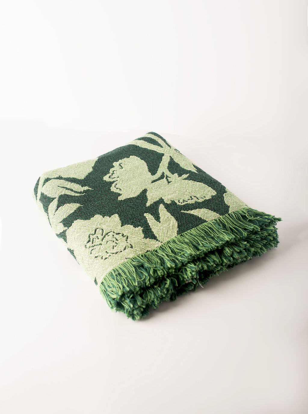 Botanical Green Throw Blanket, Reversible Cotton Jacquard Throw