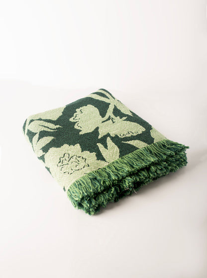 Botanical Green Throw Blanket, Reversible Cotton Jacquard Throw