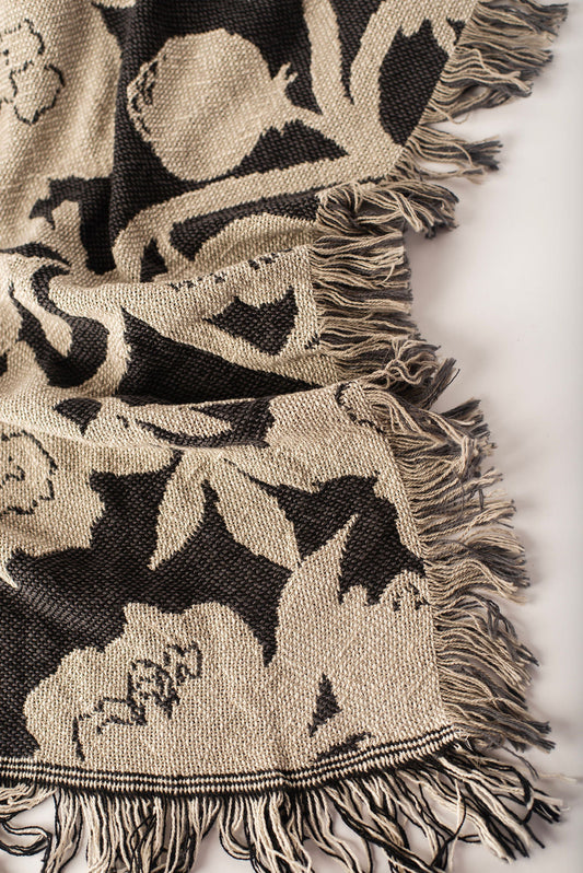 Neutral Botanical Throw Blanket, Reversible Cotton Jacquard Throw
