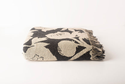 Neutral Botanical Throw Blanket, Reversible Cotton Jacquard Throw