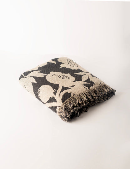 Neutral Botanical Throw Blanket, Reversible Cotton Jacquard Throw