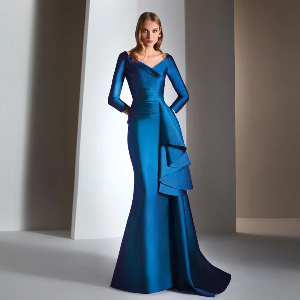 Elegant Mother Of The Bride Dresses V Neck 3/4 Sleeves Mermaid Dress Pleat Floor-Length-More colors