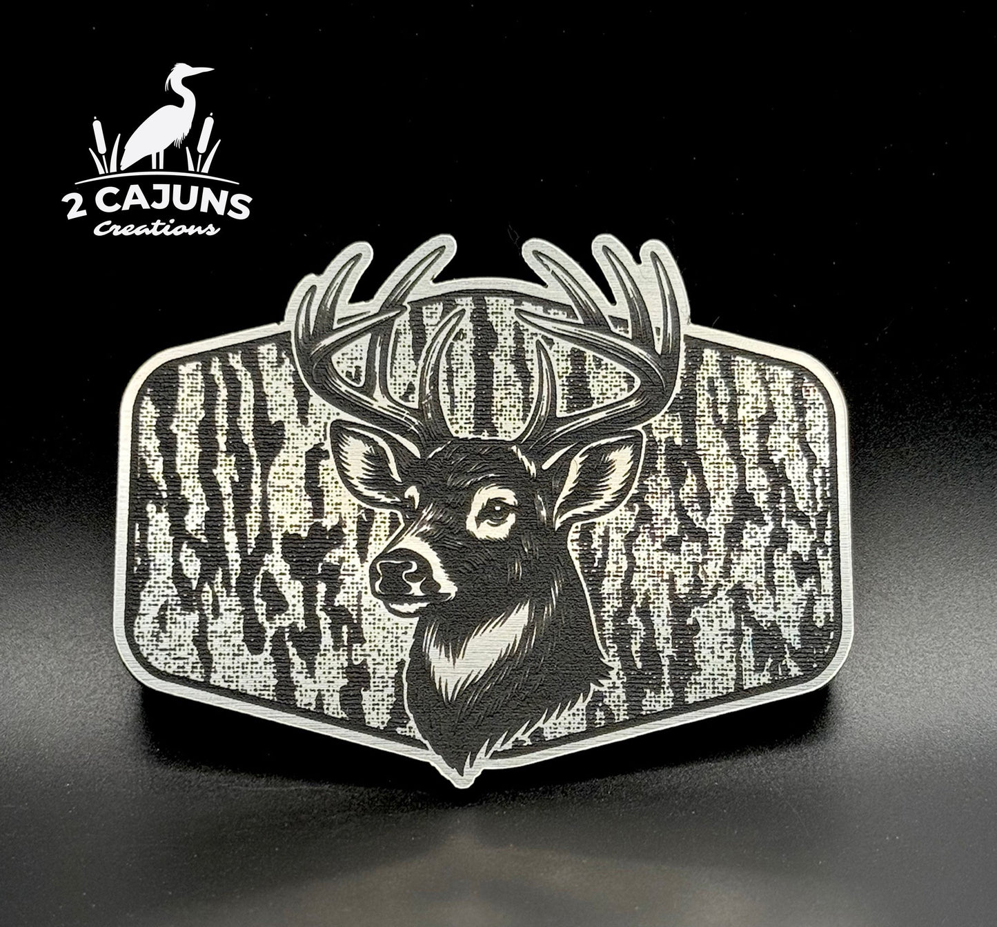 Buck Deer on Tree Bark Design Dual Layer Stainless Black Acrylic Hat Patch