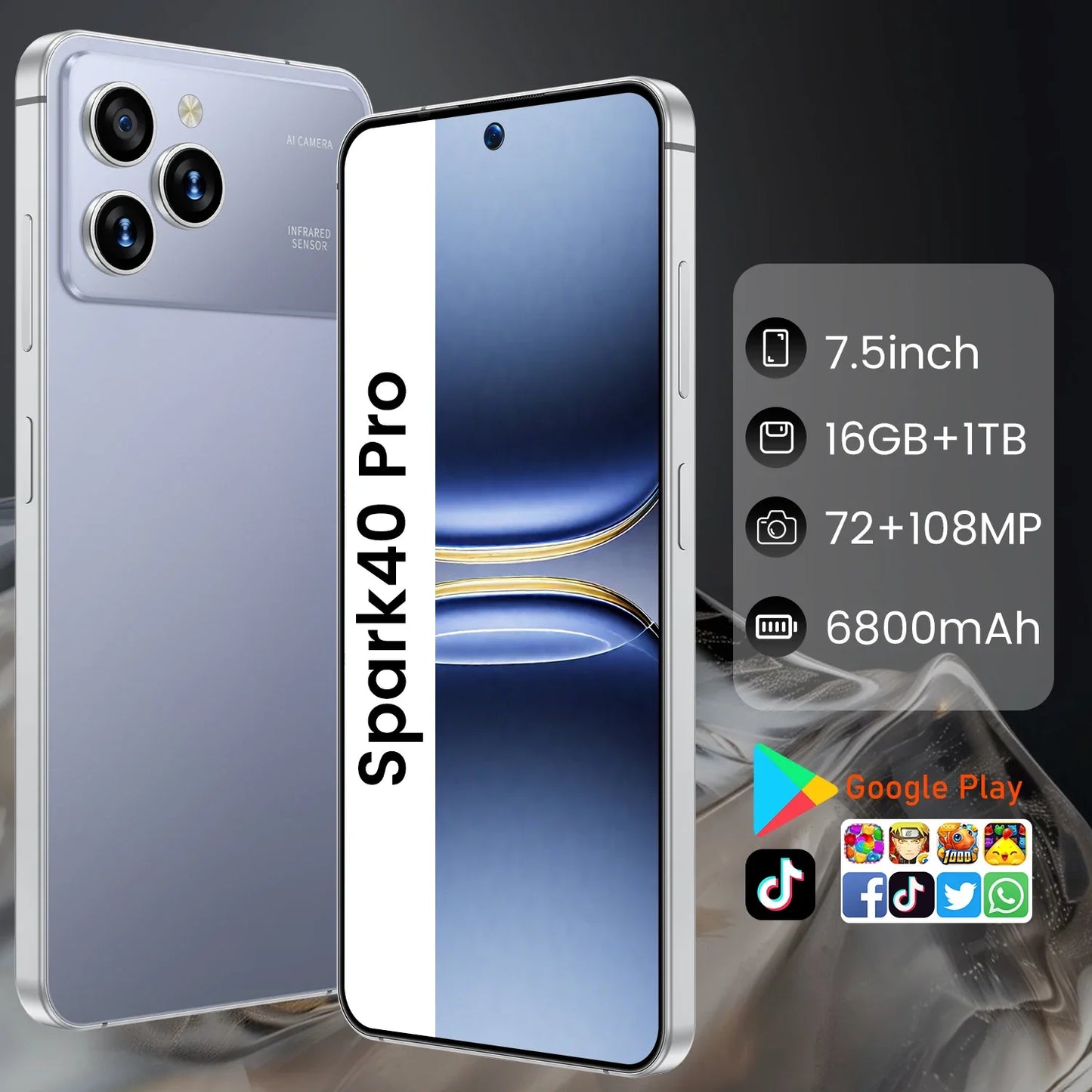 New Spark40 Pro 7.3 Inch Android 14 5G Deca Core 108MP HD LCD Dual SIM 16GB+1TB Smartphone