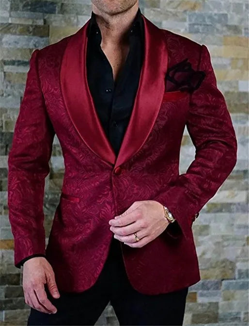 White Pattern Groom Tuxedos Shawl Satin Lapel Men Suits 2 Pieces Wedding Bridegroom ( Jacket + Pants + Tie  )