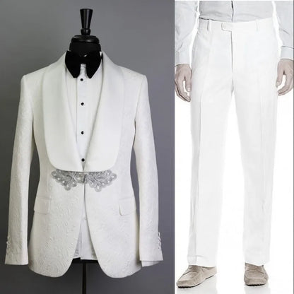 White Pattern Groom Tuxedos Shawl Satin Lapel Men Suits 2 Pieces Wedding Bridegroom (Jacket + Pants + Tie)