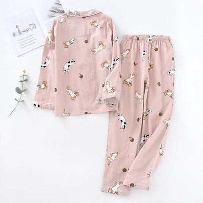 Japanese spring and autumn couples cotton gauze pajamas suit men Women cotton four seasons long-sleeved trousers