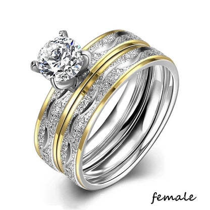 Couple Exquisite Rings Women Rhinestones Zirconia & Men Stainless Steel Ring Wedding Jewelry Love Gift