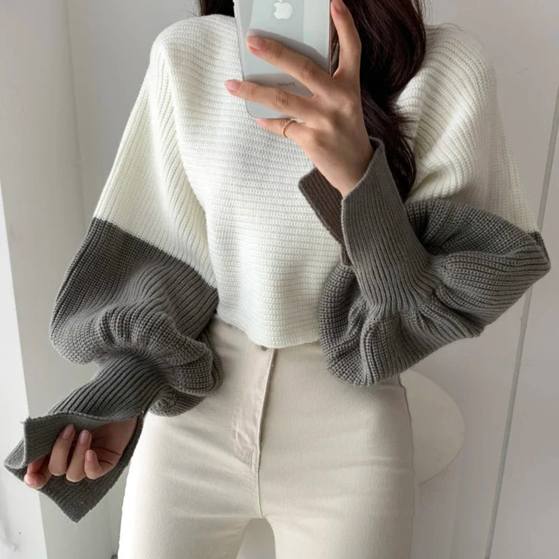 Women Neck Split Design Sleeve Lantern High Waist Short Kitted Sweater