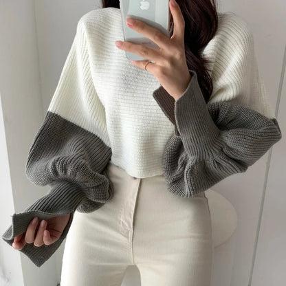 Women Neck Split Design Sleeve Lantern High Waist Short Kitted Sweater
