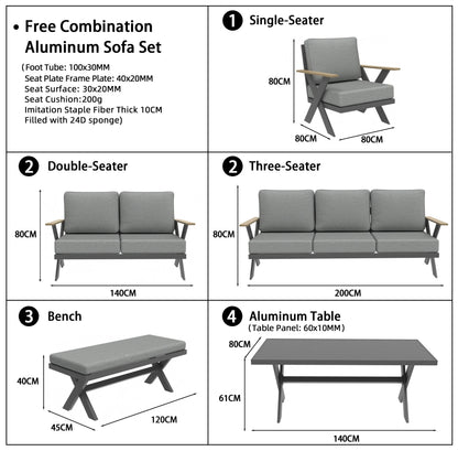 Modern All-Aluminum Outdoor Modular Sofa Set with X-Frame Design and Dining Table Freely Combinable for Farmhouse & Courtyard