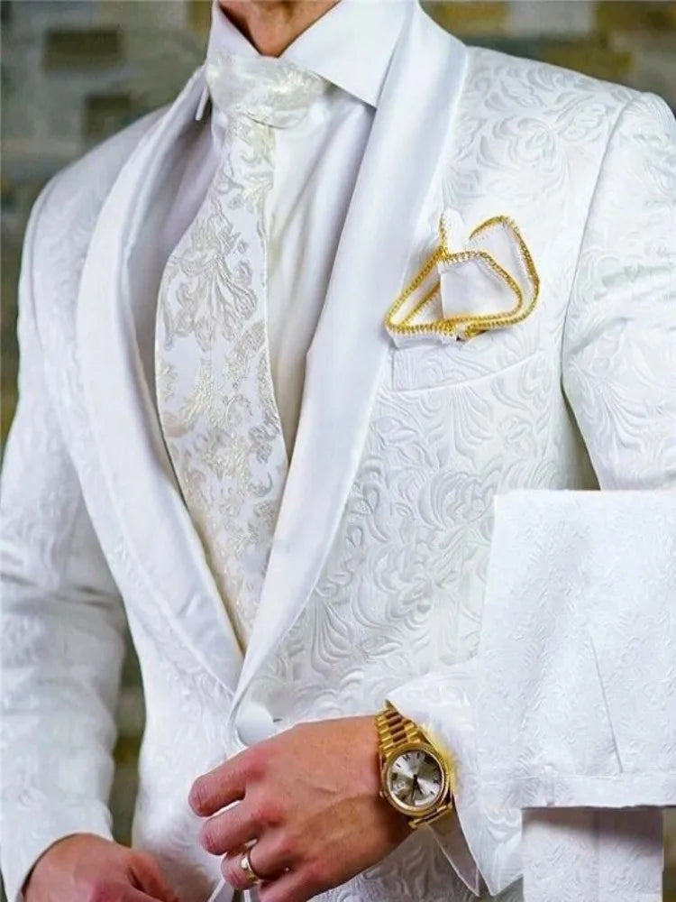 White Pattern Groom Tuxedos Shawl Satin Lapel Men Suits 2 Pieces Wedding Bridegroom ( Jacket + Pants + Tie  )