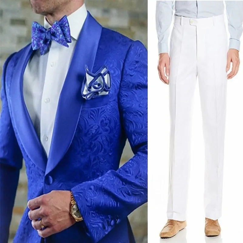White Pattern Groom Tuxedos Shawl Satin Lapel Men Suits 2 Pieces Wedding Bridegroom ( Jacket + Pants + Tie  )