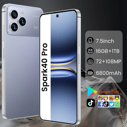 Spark40 Pro 7.3 Inch Android 14 5G LTE Deca Core 108MP HD LCD Dual SIM 16GB+1TB Spanish Smartphone